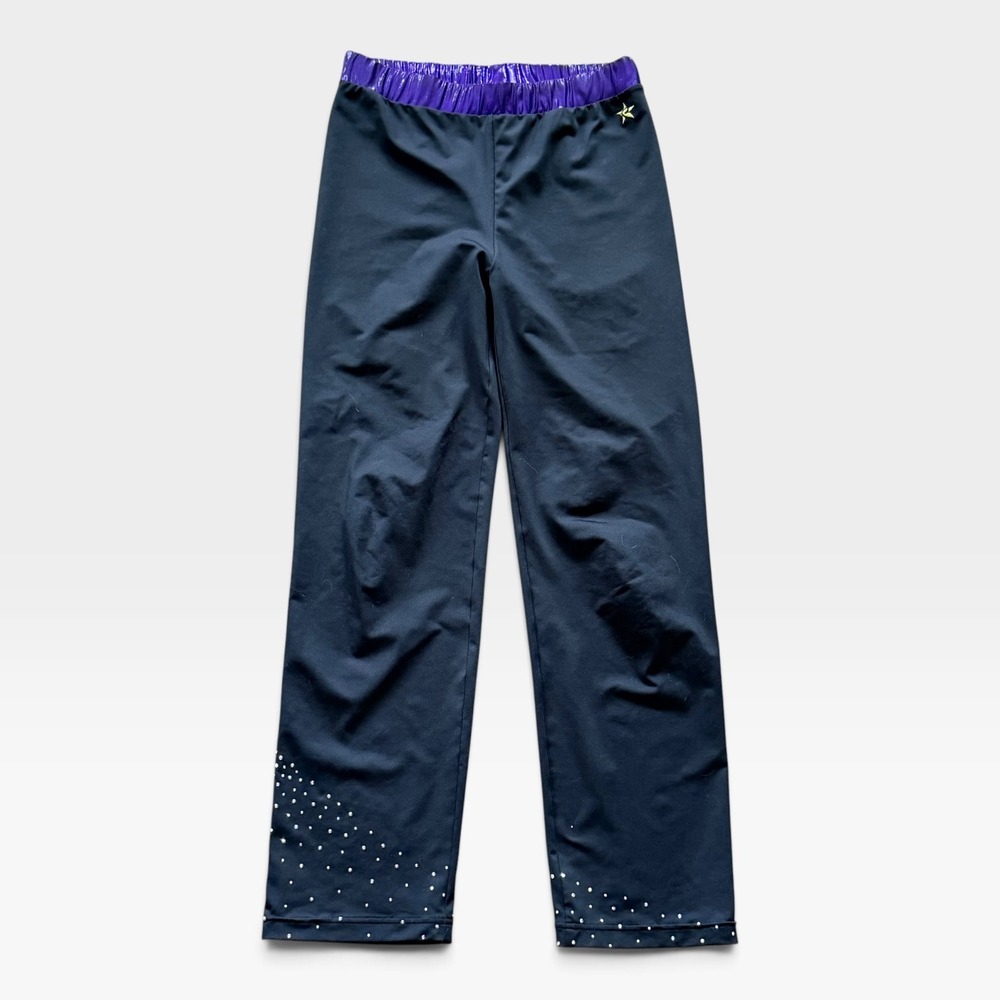 Rebel Athletic Kids Black Purple Metallic Rhinestone Cheer Warm Up Pants YXL